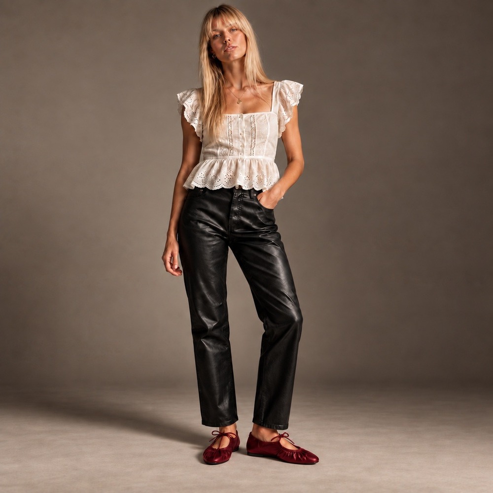 Free People We The Free Pacifica Faux Leather High Rise Pants Black Sz 28